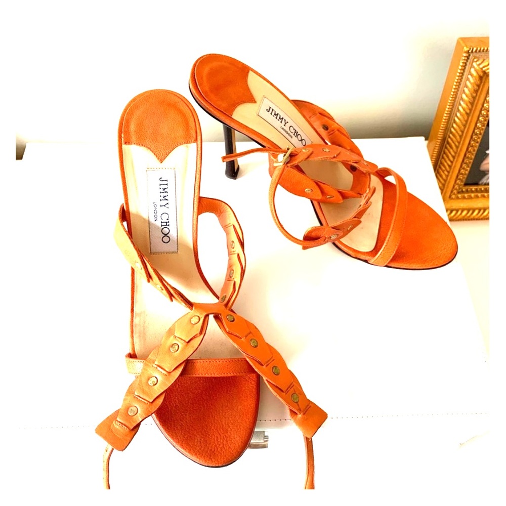 Jimmy Choo Orange & Brass Rivet Lace Sandals